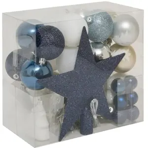 Déco de Sapin de Noël Kit 44 pièces, Boule, Guirlande et Cimier - Bleu...