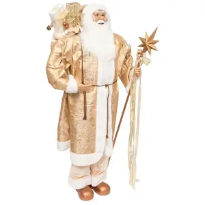 Grand Père Noël en habit doré fourrure blanche H 120 cm pas cher