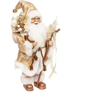 Père Noël en habit doré fourrure blanche H 30 cm pas cher
