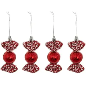 Déco de sapin Lot de 4 Bonbons Rouge avec perles blanches pas cher