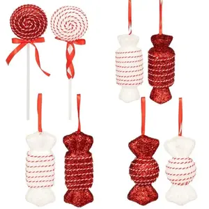 Déco de sapin Lot de 8 Bonbons Rouge et Blanc Hauteur maxi 28 cm pas cher