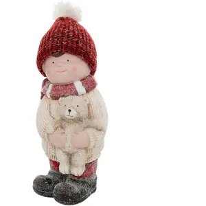 Déco de Noël Figurine petit garçon et Ourson H 38 cm pas cher