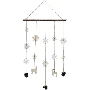 Suspension de Noël déco Flocon Pomme de pin et Renne en Bois H 70 cm pas cher