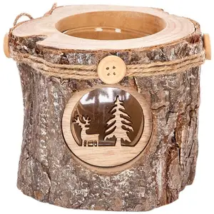FEERIC LIGHTS & CHRISTMAS Bougeoir Photophore en verre Support en bois décoré D 10 cm