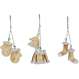 FEERIC LIGHTS & CHRISTMAS Déco de Sapin Lot de 3 Formes en Bois naturel avec fourrure blancheVendu paramazon