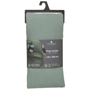 Drap-housse coton vert céladon 160x200cm - Atmosphera créateur d'intérieur pas cher