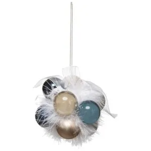 Feeric Light & Christmas Grappe de 11 Boules de Noël à suspendre déco ruban organza et plumes blanches