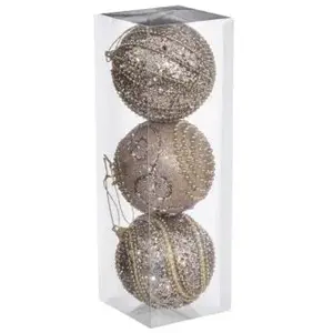 Feeric Light & Christmas Déco de sapin Lot de 3 Boules de Noël D 8 cm Champagne avec perles et paillettes pas cher