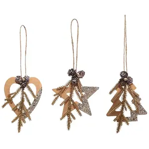 FEERIC LIGHTS & CHRISTMAS Déco sapin Lot de 3 formes Coeur Etoile et Sapin en Bois naturel et pailleté pas cher