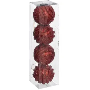 Déco de sapin Lot de 4 Boules de Noël D 8 cm Effet Maille - Rouge pas cher