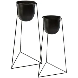 Atmosphera Lot de 2 pots noirs avec supports en métal de tailles différentes - Noir
