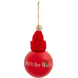 Déco Sapin Boule de Noël D 8 cm Rouge déco Mon Premier Noël et bonnet pas cher
