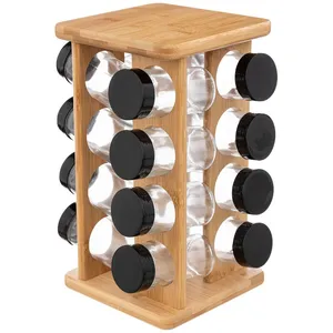 Comparateur de prix : JJA Présentoir rotatif avec 16 pots à épices en bambou - Noir/Beige - H 28 cm