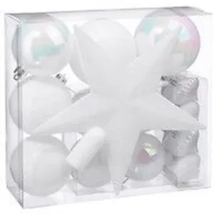 Comparateur de prix : FEERIC LIGHTS & CHRISTMAS Déco de sapin de Noël Kit de 18 pièces Boules et Cimier - Blanc irisé