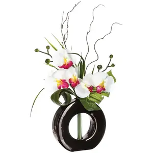 Comparateur de prix : Composition d'orchidées blanches et jaunes - vase noir - Atmosphera