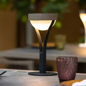 Les Jardins Lampe de table solaire à LED Tyble, noir / teck, 2.700 K, ...Vendu parluminaire