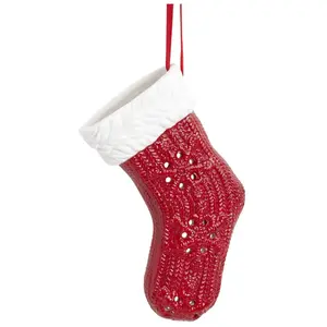 Sia Deco Suspension décorative chaussette de noël en grès blanc et rouge H12