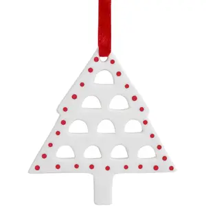 Sia Deco Suspension décorative sapin de noël en grès blanc et rouge H9