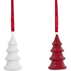 Sia Deco Set de 2 suspensions sapins de noël en grès rouges et blanches H7