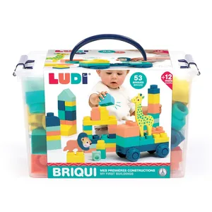 Baril BRIQUI 53 briques avec 1 véhicule et 2 animaux en mousse Ludi pas cher