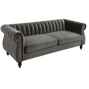 Vente-unique - Canapé chesterfield 3 places en velours trumbo - Gris pas cher