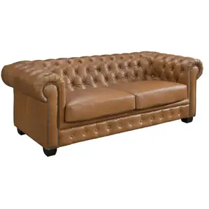 VENTE-UNIQUE Canapé chesterfield 3 places BRENTON 100% cuir de buffle - Caramel vintage pas cher
