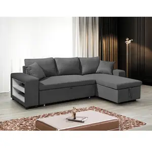 VENTE-UNIQUE Canapé d'angle convertible et réversible en tissu avec coffre de rangement et poufs anthracite SELIM pas cher