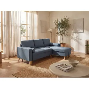 VENTE-UNIQUE Canapé d'angle convertible et réversible en tissu bleu canard avec coffre de rangement KORI pas cher
