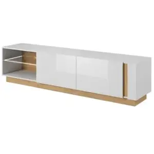 VENTE-UNIQUE Meuble TV MURARI - 2 portes et 2 niches - Avec LEDs - Blanc brillant et chêne pas cher