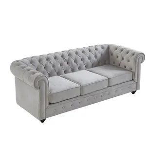VENTE-UNIQUE Canapé 3 places CHESTERFIELD - Velours gris clair pas cher