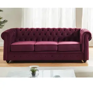 Canapé 3 places VENTE-UNIQUE - CHESTERFIELD - Velours pourpre - Style vintage - Confort moelleux pas cher