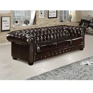 VENTE-UNIQUE Canapé chesterfield 4 places BRENTON 100% cuir de buffle - Marron reflets châtains