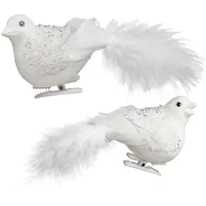Sia Deco Set de 2 clips oiseaux pailletés décoratifs en plumes blancs L8