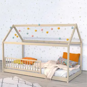 Lit cabane panda 90x190 + 1 sommier + barrière /Naturel/ 195x97x134 pas cher