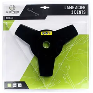 Greenstar lame acier 3 dents pleine pour débroussailleuse, dimensions coupe: 230mm, alésage: 25,4mm, ep: 1,4mm. (sous coque).