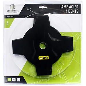 Greenstar lame acier 4 dents pleines pour débroussailleuse, dimensions coupe: 230mm, alésage: 25,4mm, ep: 1,5mm. (sous coque).