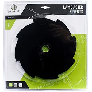 Greenstar lame acier 8 dents pleines pour débroussailleuse, dimensions coupe: 230mm, alésage: 25,4mm, ep: 1,8mm. (sous coque).