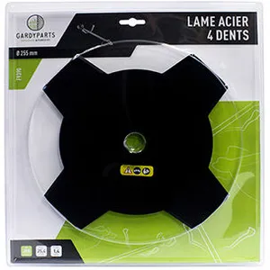 Greenstar lame acier 4 dents pleines pour débroussailleuse, dimensions coupe: 255mm, alésage: 25,4mm, ep: 1,6mm. (sous coque).