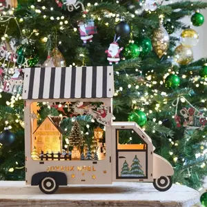 Village en bois led blanc chaud avec camion, déco artisanale à poser pas cher