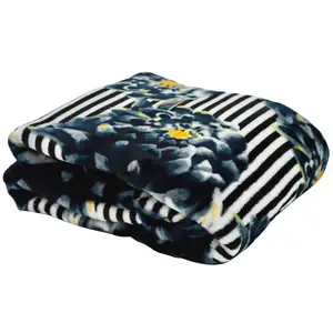 Plaid CACHAREL FLOWER imprimé rayures et fleurs Noir