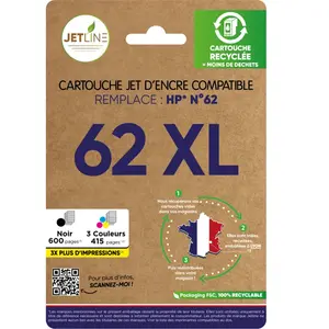 Pack de cartouches d'encre compatible noir + 3 couleurs 62 XL JETLINE pas cher