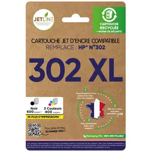 Jetline Pack De Cartouches D'encre 302 Xl Noir + Couleurs - Compatible Hp Jetl... pas cher