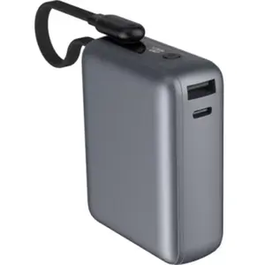 Powerbank 10000mAh USB-A USB-C 30W avec Câble Intégré Charge Rapide Gris