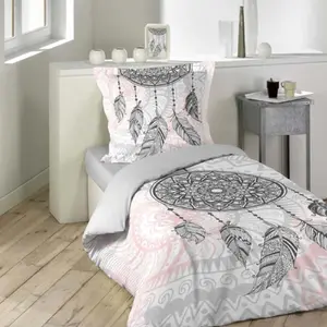 Comparateur de prix : DOUCEUR D'INTERIEUR Parure de lit mandala et attrape-rêve (140x200 cm - Rose Clair)