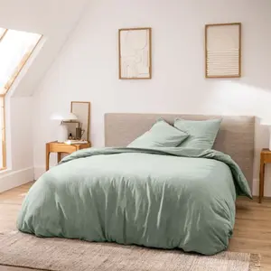 Douceur d'Intérieur Parure de lit 3 pièces 240 x 220 cm en fils teints lavés unis Meline Sauge (60 fils) pas cher
