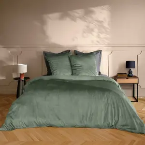 Parure de lit en velours uni Kaki 240x220 cm pas cher
