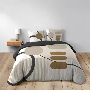 Parure de lit coton motif géométrique double face imprimée naturel 220 pas cher