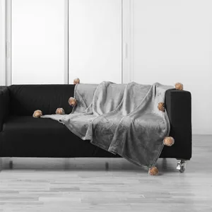 Comparateur de prix : douceur d'intérieur, Plaid à Pompons (125 x 150 cm) Snowy Gris, Flanelle