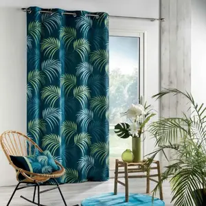 Douceur d'Intérieur Rideau a oeillets 140 x 260 cm polyester imprime blue vegetal Bleu pas cher