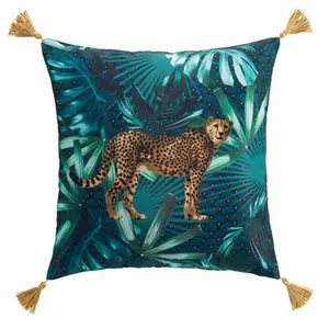 douceur d'Intérieur DOUCEUR D'INTERIEUR Blue Garden Coussin Pompons, Polyester, 40 x 40 CM pas cher